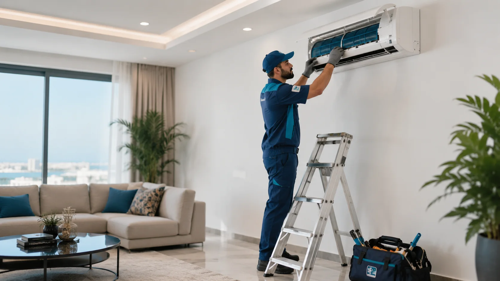 AC technician in a modern home